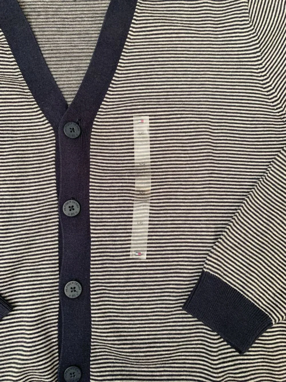 Tommy Hilfiger Men’s L Navy Gray Striped Button Front Cotton Cardigan Sweater